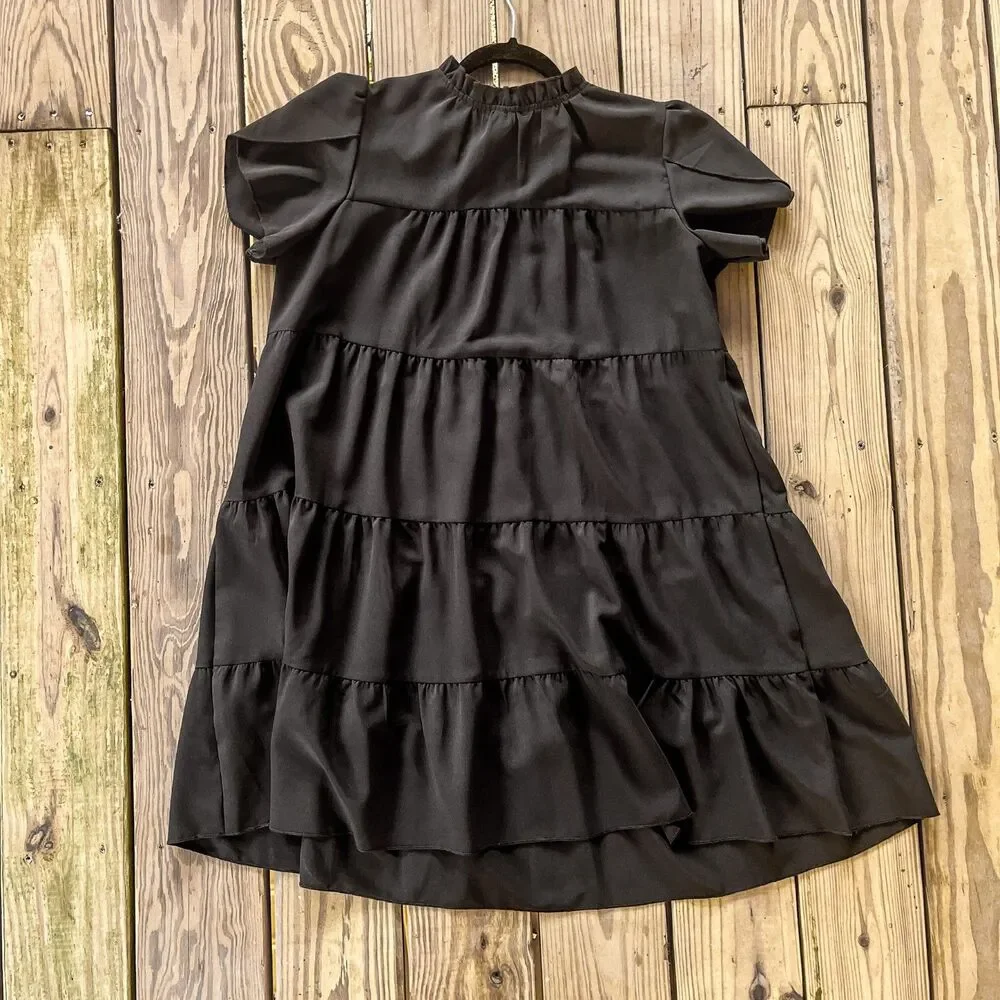 Shein Gomorn Long Black Ruffle Hem Smock Dress - High Ruffle Bowtie Neck - Sz L - Picture 1 of 3